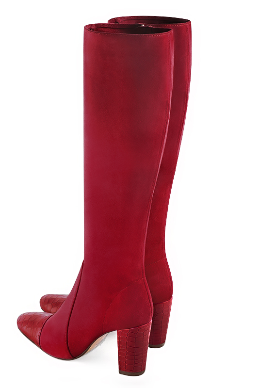Cardinal red women's feminine knee-high boots. Round toe. High block heels. Made to measure. Rear view - Florence KOOIJMAN